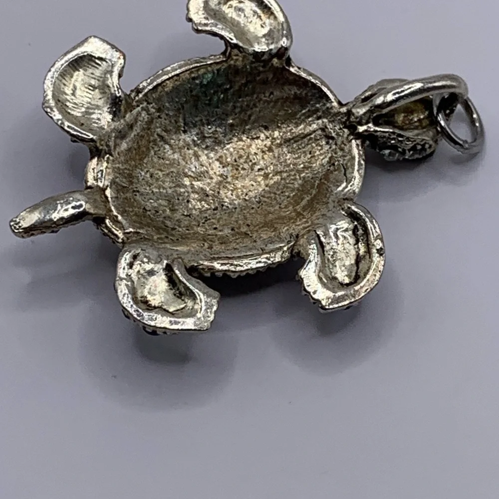 Silver and Blue Rhinestone Turtle Pendant Necklace